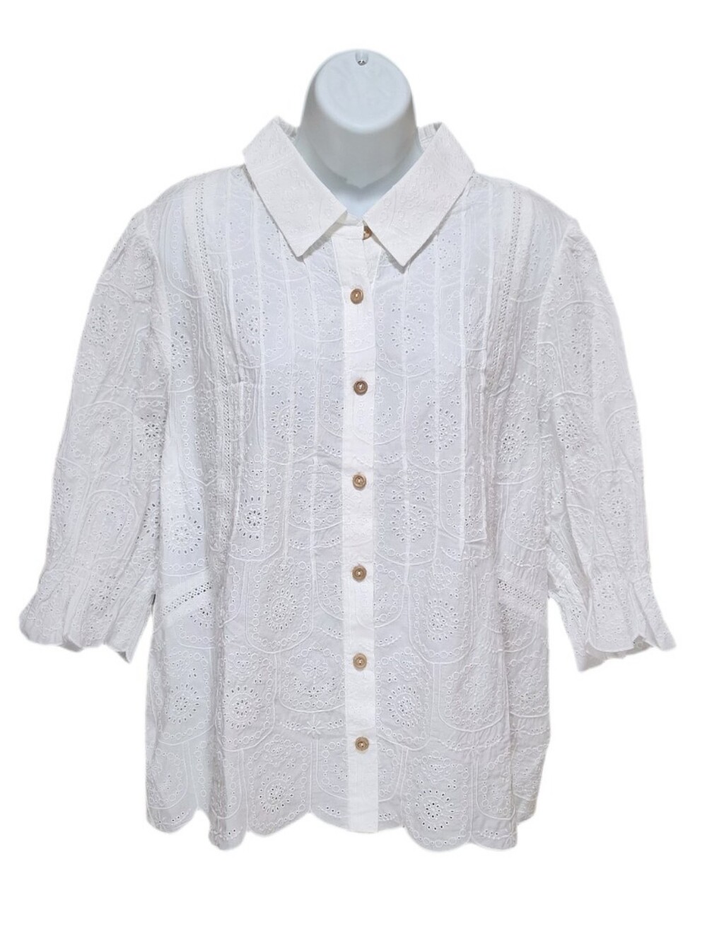Democracy 3/4 Sleeve Embroidered Floral Eyelet Botton-Down Boho Shirt White XL